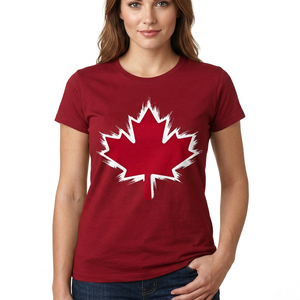 Men's Red Cotton T-Shirt With White Maple <b>Leaf</b> Print O-Neck Short Sleeve Casual Regular Fit Jersey Knitted Front Logo - Product Image 3