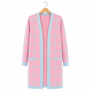 HMR Sisterhood Sorority Acrylic Long Knitted <b>Cardigan</b> Pink Plaid Open Front Casual Full Sleeve <b>With</b> <b>Pockets</b> - Product Image 5