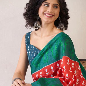 Sari en soie à séchage rapide avec imprimé dessiné à la main orange et vert, bordure contrastante, tenue ethnique indienne traditionnelle pour femme, décontractée, mariage, bal de promo - Product Image 1