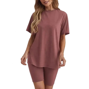 Conjunto de 2 Piezas para Mujer, Shorts Tejidos, Cuello Redondo, Color Sólido, Corte Holgado, Informal, Transpirable, para Uso Diario, Primavera/Verano - Product Image 1