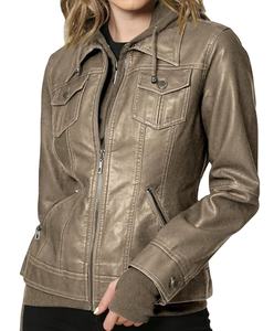 Chaqueta de cuero PU vintage para mujer, estilo casual con capucha, corte ajustado, efecto deslavado, para otoño e invierno - Product Image 1