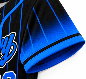 Maillot de baseball Sinewy pour homme, personnalisable avec nom et numéro, rayures bleues et noires, sublimé, respirant, manches courtes, coupe classique, toutes saisons - Product Image 4