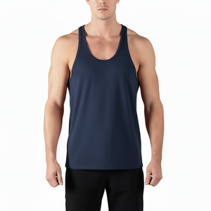 <b>Men's</b> Navy Blue Breathable Knitted Sporty Tank Top O-Neck Solid Color Spandex Polyester Workout <b>Singlet</b> - Product Image 3