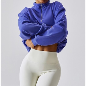 wholesale product for best selling Design Gym Wear Fitness Women Sport Cotton <b>Zip</b> <b>up</b> <b>Crop</b> Top Hoodie - Product Image 4