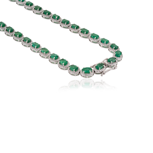 Luxurious Hot Sale 22.11 Ct. Emerald & Diamond <b>Statement</b> Halo Tennis <b>Necklace</b> K14 Solid Yellow Gold Customized Wholesale Jewelry - Product Image 6