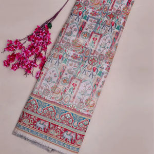 Tela de viscosa pura con estampado étnico jacquard y borde de elefantes para material de vestido Kurti de diseñador. - Product Image 1