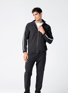 Survêtement noir pour homme avec fermeture éclair intégrale et bandes blanches, design sportif, polyester respirant, coupe classique, idéal pour le printemps - Product Image 3