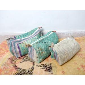 Juego de 3 bolsas de cosméticos Kantha vintage coloridas con cierre de cremallera, organizador de maquillaje para almacenamiento, juego de bolsas de cosméticos Kantha patchwork. - Product Image 3