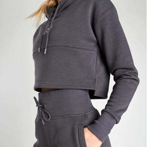 Sudadera Corta con Capucha para Mujer, Manga Larga, Color Gris Sólido, Tejido de Algodón Transpirable, Ropa Casual de Otoño, Estilo Urbano - Product Image 2