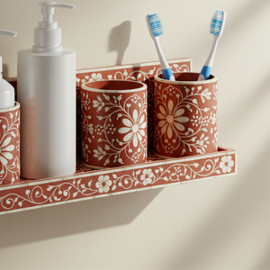 Terracotta Bathroom Accessory <b>Set</b> Decorative Floral Wall Shelf Dual <b>Soap</b> Pumps and Toothbrush Tumblers Rust Orange & White - Product Image 4