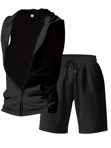 Men's Solid Hooded Sleeveless Vest Shorts Set Black French Terry 100% Cotton Anti-Pilling Quick Dry Sporty Summer Casual 2Pcs - Product Image 3