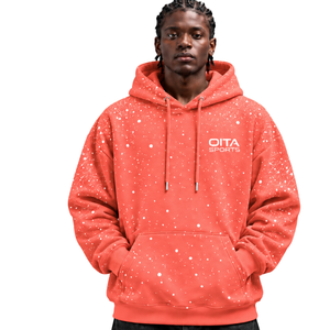 Coral <b>White</b> Speckled Print Men Pullover <b>Hoodie</b> <b>Oversized</b> Fleece Sweatshirt Drawstring Hood Kangaroo Pocket Casual Streetwear - Product Image 1