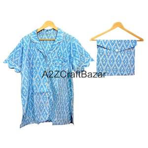 Conjunto de Pijama para Mujer, Hecho a Mano en India, 100% Algodón, Estampado de Bloques con Patrón de Diamantes, Cintura Elástica, Mangas Cortas, Transpirable, Suave, Estilo Vintage - Product Image 2