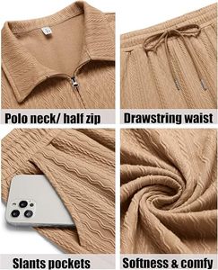 Ensemble polo à manches courtes beige pour homme avec short, respirant, léger, décontracté, pour l'été, demi-zip, couleur unie, coupe classique - Product Image 4
