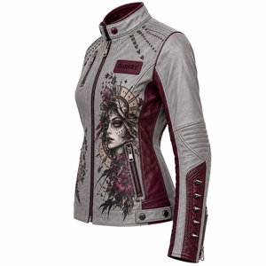 Grey Burgundy Genuine Leather Jacket Women <b>Clock</b> Gothic Graphic Spiked Stud Band Collar Zip Biker Coat Custom Manufacturer - Product Image 4