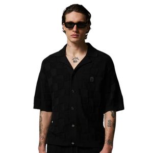 Chemise en tricot à carreaux pour homme, manches courtes, boutonnée, décontractée, été, tricot noir, OEM, vente en gros - Product Image 5