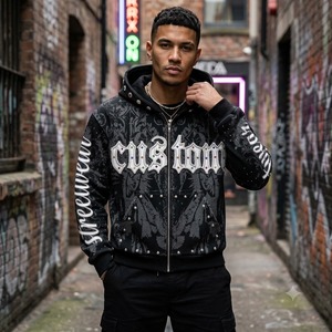 Custom Black Graphic Rhinestone Zipper Hoodie Trendy Streetwear Design Embellished Details Full <b>Zip</b> Stylish Wear For Unisex - Product Image 6