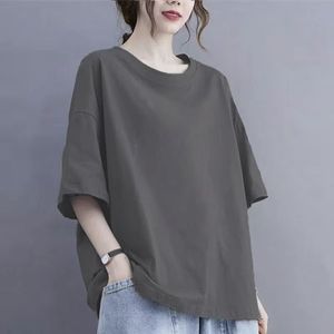 T-shirt ample à manches courtes pour femme, couleur unie, épaules tombantes, col rond, 100% coton tricoté, respirant, toutes saisons - Product Image 5