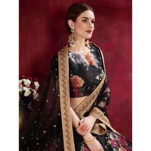 Sangeet en soie Banglori à imprimé floral noir Lehenga Choli - Product Image 4