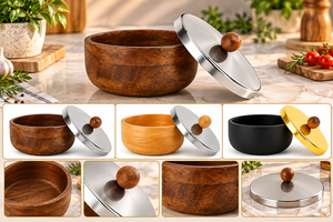 Bol rond en bois avec couvercle en acier inoxydable et bouton en bois, plat de service poli pour la cuisine et la salle à manger - Product Image 3
