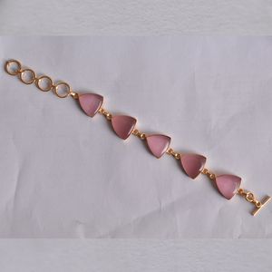 Bracelet en laiton plaqué or géométrique avec pierres de quartz rose, chaîne à maillons pour femmes, style classique, bijoux - Product Image 4