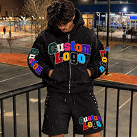 Ensemble de survêtement pour homme 100% Coton avec patch en strass, style USA, comprenant un short clouté tendance et un sweat à capuche zippé oversize avec broderie unie
