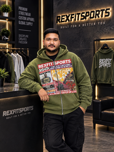 REXFITSPORTS 2026 – Sweat à capuche zippé vert olive pour homme, streetwear personnalisé en molleton avec manches texturées - Product Image 4