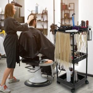 Custom Logo 3-Tier Heavy-Duty Modern Stainless Steel 4-Wheel Rolling Salon Cart Beauty Salon <b>Trolley</b> Hair Extension Holder Black - Product Image 3