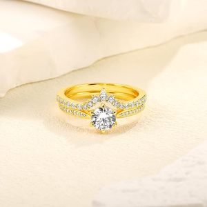 Yellow Gold Plated Moissanite Engagement <b>Ring</b> Round Brilliant Cut <b>Crown</b> Style Pave Setting Women's Classic Wedding Band - Product Image 4