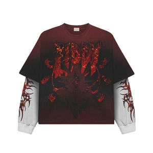 Camiseta de Manga Larga con Cuello Redondo para Hombre, Doble Capa, Estampado Serigrafiado, Efecto Desgastado, Estilo Vintage, Logotipo Personalizado, 100% Algodón, Talla Grande - Product Image 1