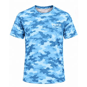 T-shirt camouflage bleu ciel pour hommes, manches courtes, col rond, imprimé camouflage, entraînement athlétique, gym, course à pied, vêtements de sport performants - Product Image 1