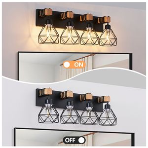 Luminaire de salle de bain moderne à 4 lumières de style géométrique avec accents en métal noir et en bois, lampe de miroir de salle de bain de 24 pouces - Product Image 6