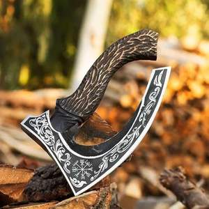 Cuchillo para pizza vikingo forjado a mano con forma de hacha - Hoja de acero al carbono, funda de cuero y mango de madera de fresno tallado a mano. Hacha vikinga personalizada OEM. - Product Image 4