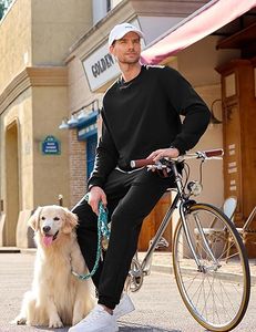 Ensemble survêtement homme noir à capuche et pantalon, couleur unie, décontracté, manches longues, 100 % coton respirant, coupe classique - Product Image 1