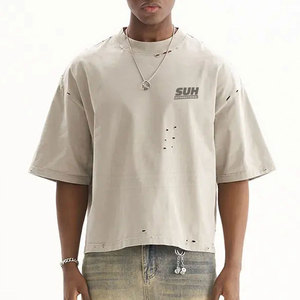 เสื้อยืดผู้ชายสไตล์ดิสเทรส 100% ผ้าฝ้าย พรีเมียม ลำลอง สตรีทแวร์ รับผลิตแบบ OEM แบรนด์ส่วนตัว ระบายอากาศได้ดี เป็นมิตรกับสิ่งแวดล้อม - Product Image 1
