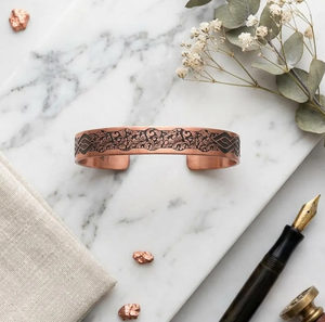 Copper Open Cuff <b>Bangle</b> Bracelet <b>Engraved</b> Greek Key Meander Pattern Custom Initial Script Monogram Center Frame Solid Copper - Product Image 5