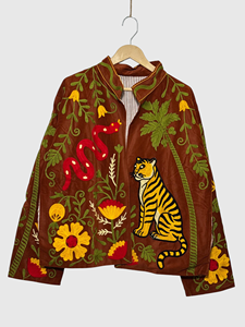 Floral Embroidered Velvet Safari Jacket Mandarin Collar Full Sleeve Plus Size Women'<b>s</b> Autumn Style - Product Image 4