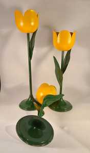 Tulip Flowers Three Tall Metal <b>Candlesticks</b> in Bright Yellow and Green for Christmas Home Decoration - Product Image 5