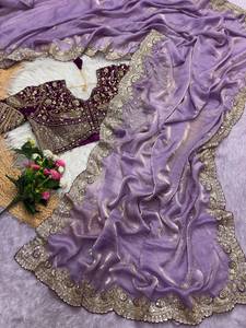 Sari indio de satén suave con bordado de lentejuelas, diseño exclusivo de Bollywood, ropa étnica, sari para bodas y fiestas para mujeres en EE. UU. - Product Image 5