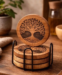 Tree of Life Laser Engraved Solid Wood Coaster Set Heat Resistant Drink Mat <b>Table</b> <b>Protector</b> Coffee Tea Cup Holder - Product Image 5