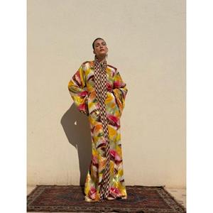 Silk <b>Kaftan</b> Floor-Length Traditional Winter/Summer Party Printed Multicoloured Moisture Wicking High Stand Collar Contrasting - Product Image 4