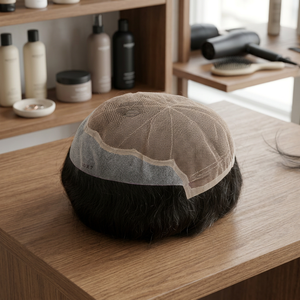 Capless Human Hair <b>Wig</b> Toupee With Mesh Top And Gray Band For Natural Look - Product Image 1