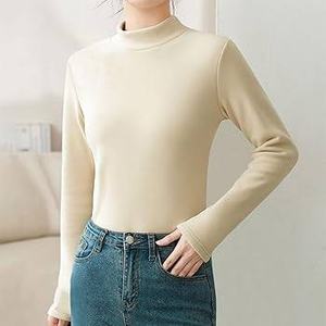 T-shirt à col roulé à manches longues pour femme, imprimé décontracté, en tissu tricoté coton-spandex, respirant, séchage rapide et anti-rides - Product Image 1