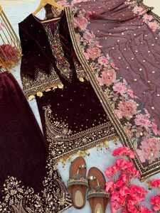 DESIGNER VELVET EMBROIDERY SEQUENCE WORK <b>TOP</b> PALAZZO WITH DUPATTA MAROON 74101 - Product Image 4