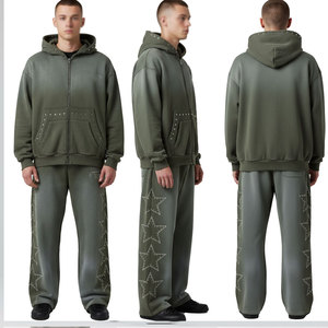 Ensemble de survêtement pour homme vert olive à capuche, sweat-shirt et pantalon à fermeture éclair intégrale avec motif étoile, coupe décontractée ample, 100 % coton - Product Image 5