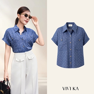 Camisa de manga corta con estampado de puntos de mezclilla para mujer, camisa con botones y cuello vuelto, Top informal para primavera y verano, corte regular JEREMY - Product Image 1