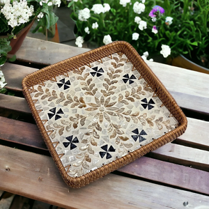 Encantadora Bandeja de Servir de Ratán con Madreperla, Fabricada en Vietnam, Mosaico Floral Marrón Vintage, Decoración para Sala de Estar, Venta al Por Mayor - Product Image 2
