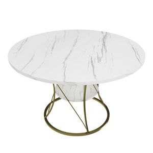 Mesa de Comedor Redonda Extensible de 43 Pulgadas con Base de Metal Dorado y Chapa de Mármol, Mesa de Cocina Estilo Rústico con Estante de Almacenamiento para 4-6 Personas - Product Image 2