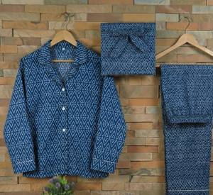 Ensemble de détente en coton indigo fait main, pyjama floral dessiné à la main avec broderie machine pour femme, décontracté été/automne, vente en gros - Product Image 4