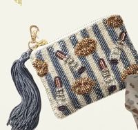 Sac à main rectangulaire en tissu fait main à motif banane et carreaux, orné de perles, avec porte-clés à pompon, fermeture éclair, écologique